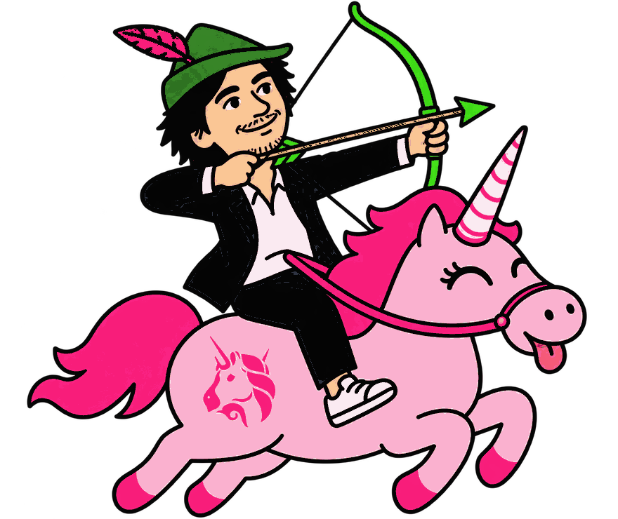 vlad gallops through sherwood on a pink uniswap unicorn with his bow drawn